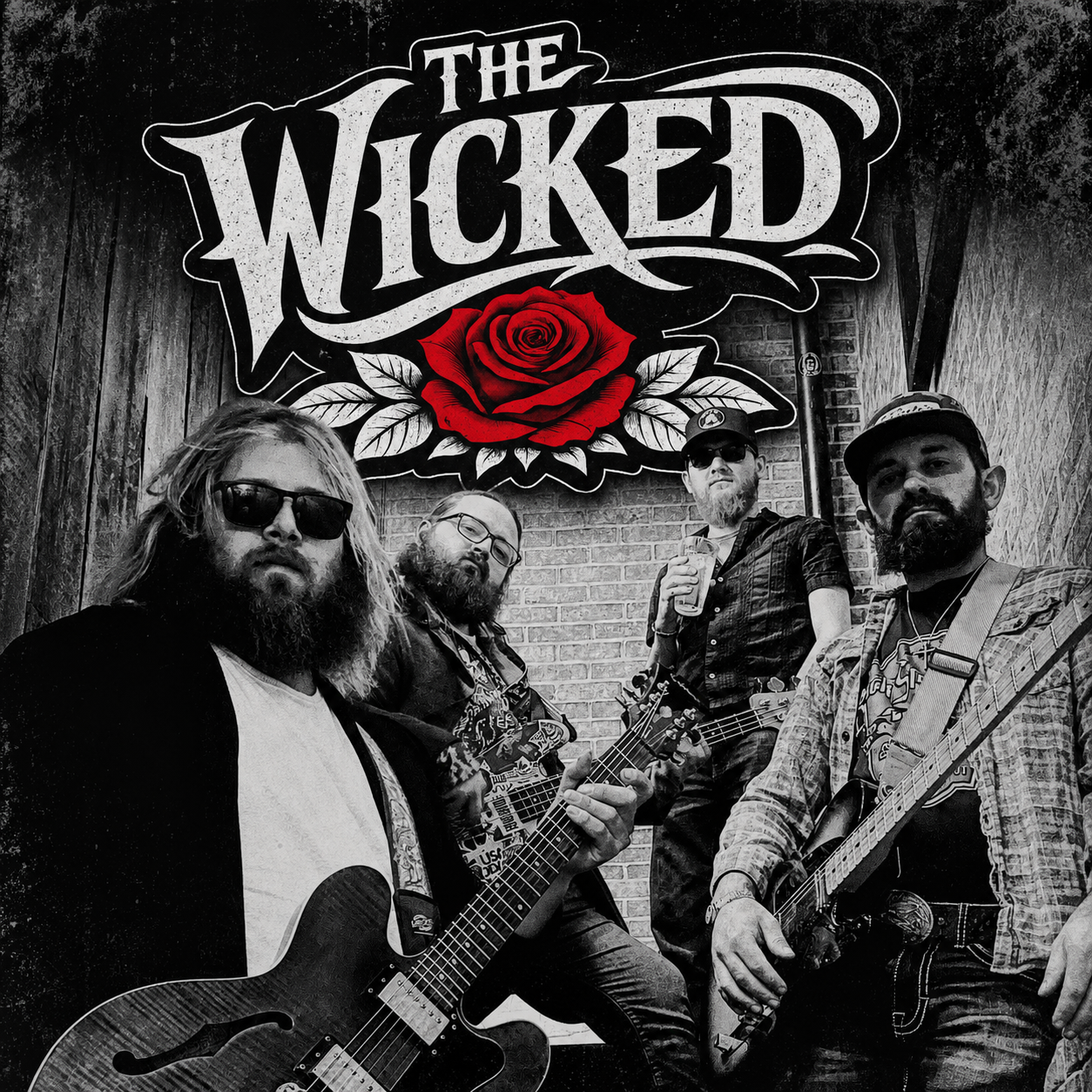 The four members of The Wicked posed with guitars beneath the band's logo
